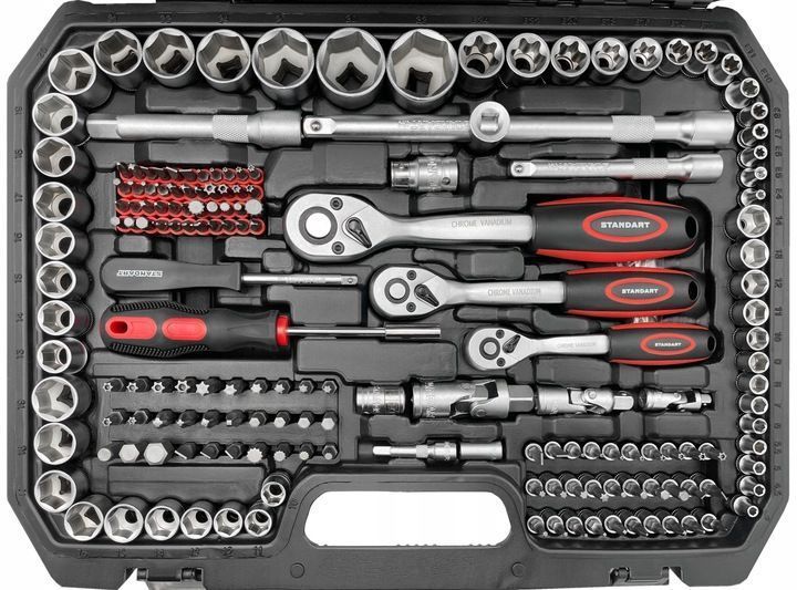 Zdjęcie Zestaw narzędzi 1/4" 3/8" 1/2" klucze nasadowe 216 el w walizce STANDART ST-0216 ST-0216,
