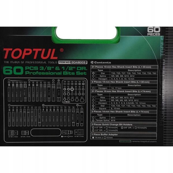 Photo Bit set torx, hex, spline, ribe, sq 60 pcs TOPTUL GCAI6003 GCAI6003,