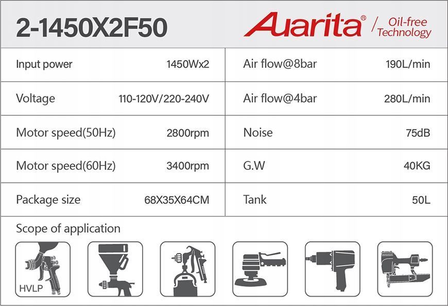 Photo 50l oil-free 4-piston compressor 220v with separator AUARITA 2-1450X2F50-220 2-1450X2F50-220,